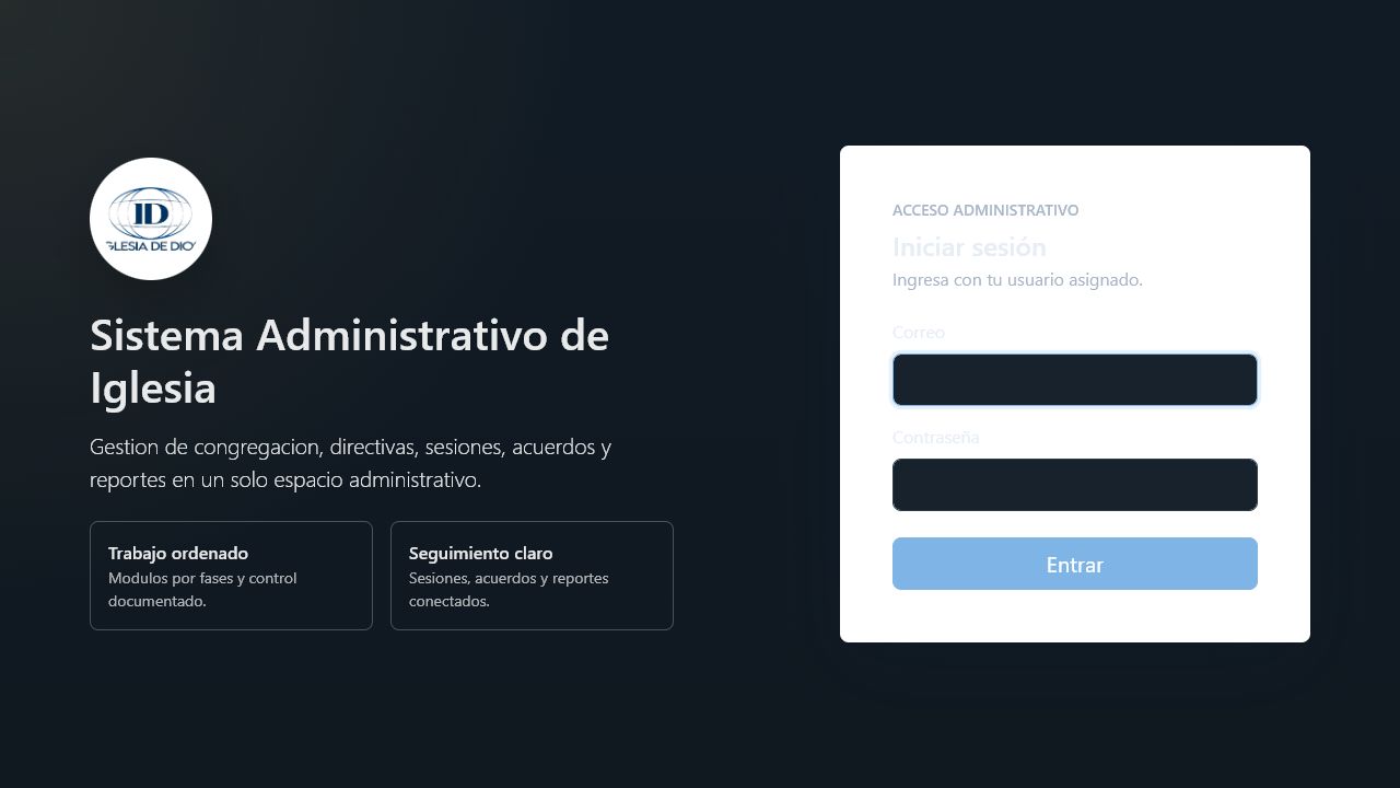 Pantalla de acceso al Sistema Administrativo de Iglesia