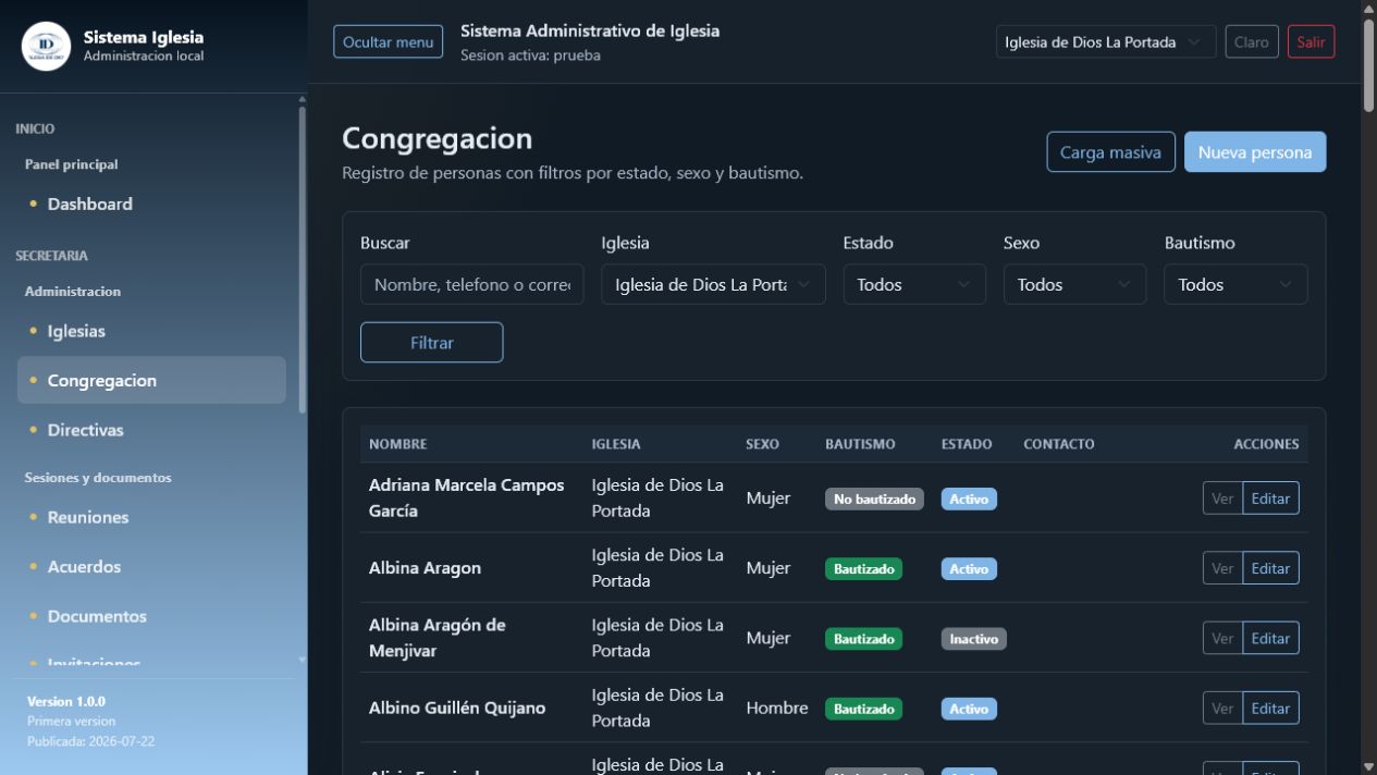 Listado de congregación y filtros administrativos