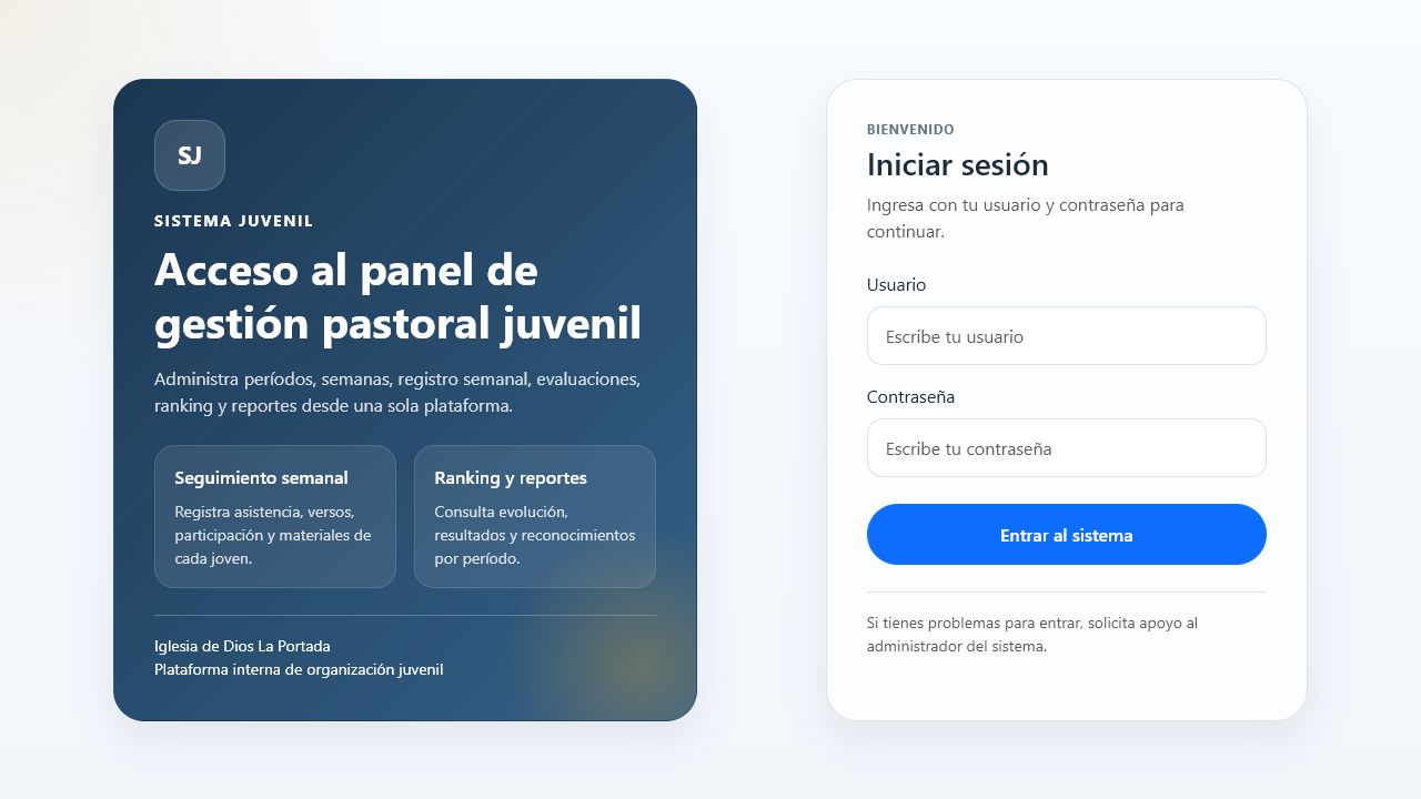 Pantalla de acceso al Sistema Juvenil
